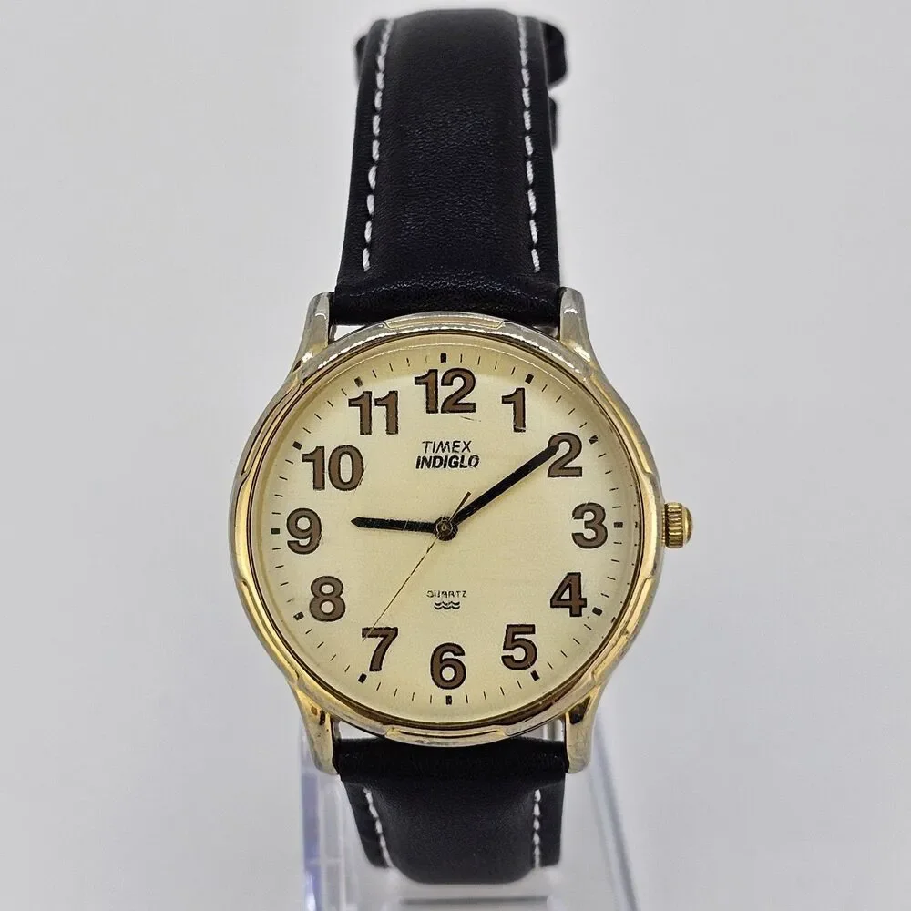 Timex‎ Men's Watch 35MM Gold Dial New Black White Leather Bands New Battery